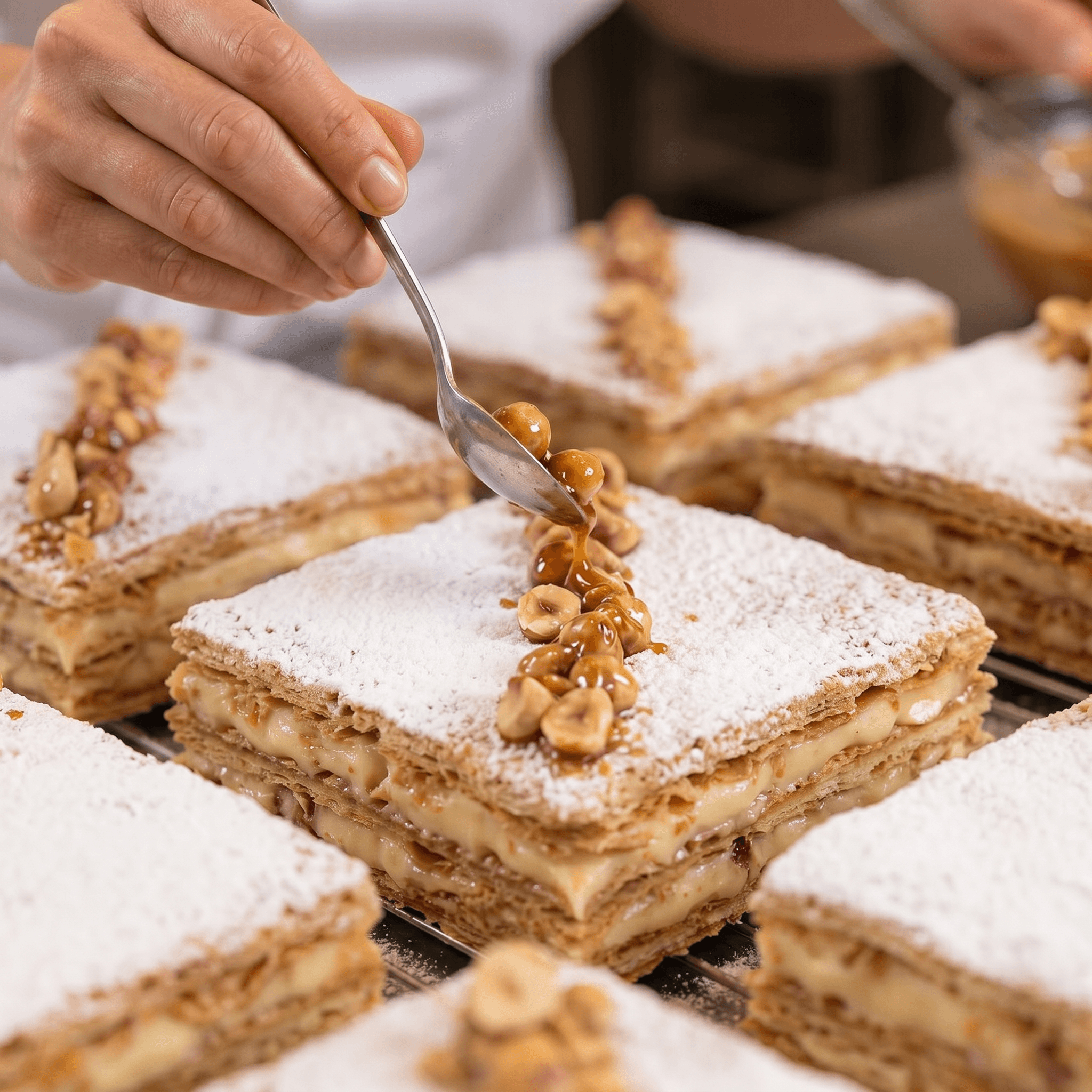 Millefeuilles Caramel Cacahuète en préparation