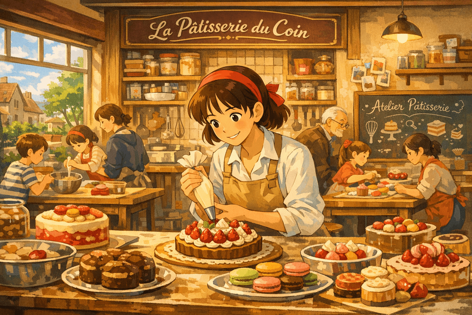 La Pâtisserie du Coin dans l'atelier avec les créations et les pâtissiers travaillant ensemble dans un environnement chaleureux et artisanal, mettant en valeur l'art de la pâtisserie et l'attention portée aux détails dans un cadre authentique